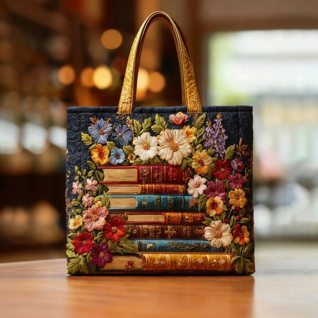 Floral Print Artisan Tote Bag with Book Design