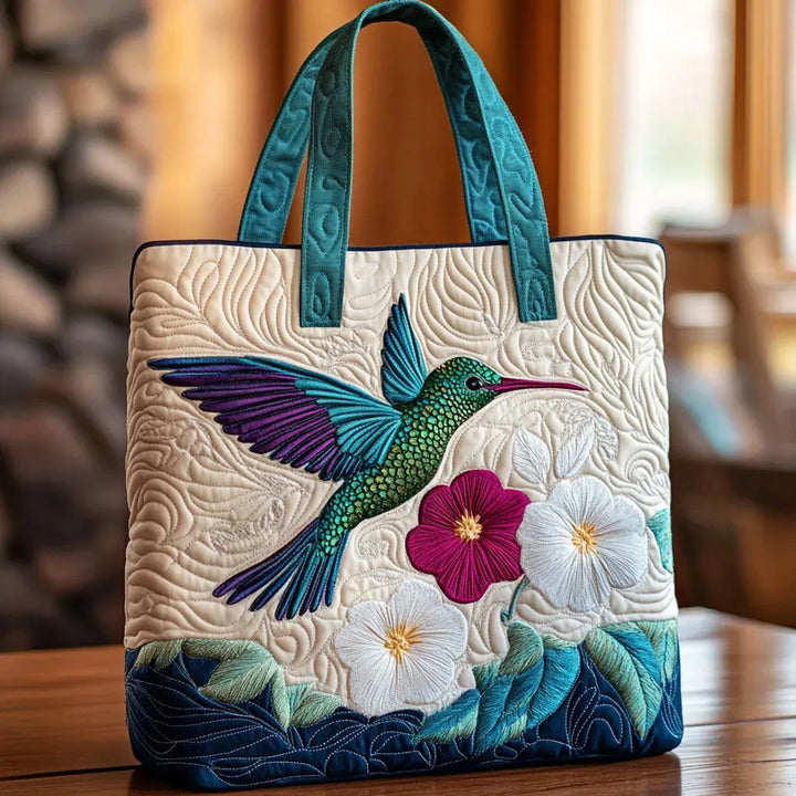 Hummingbird & White Flower Quilted Bag
