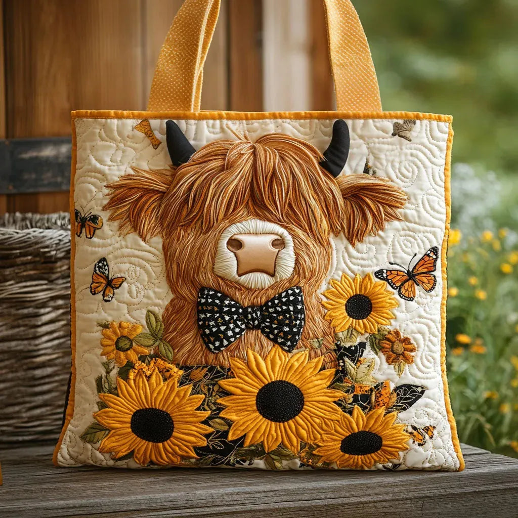Sunflower-Embellished Quilted Bag featuring Highland Cow Design