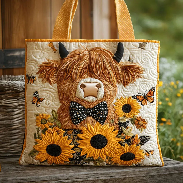 Sunflower-Embellished Quilted Bag featuring Highland Cow Design