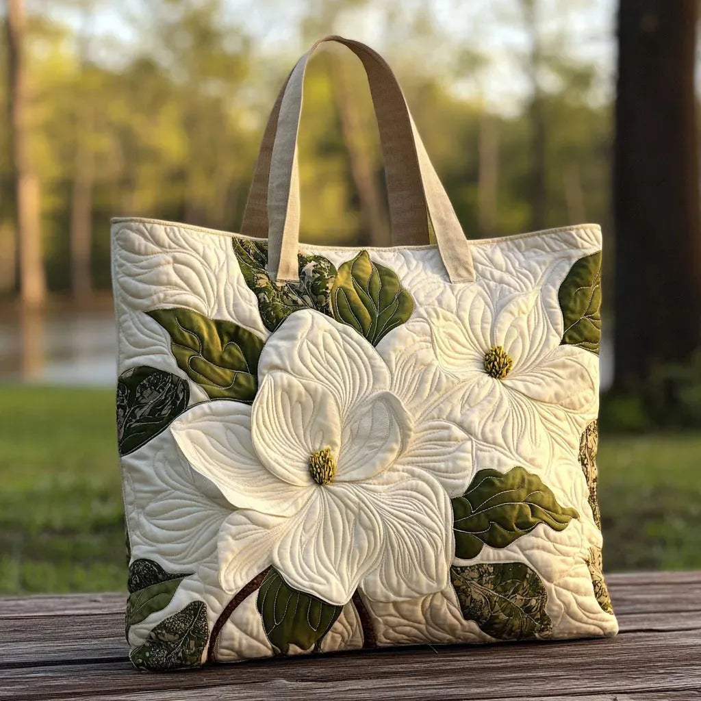 Elegant White Lily Artisan Quilted Tote Bag