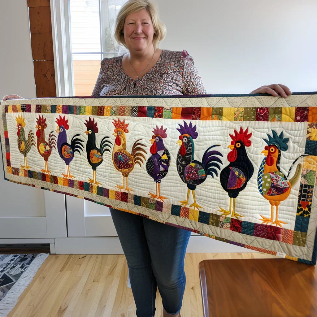 Parade of Roosters Quilted Table Runner