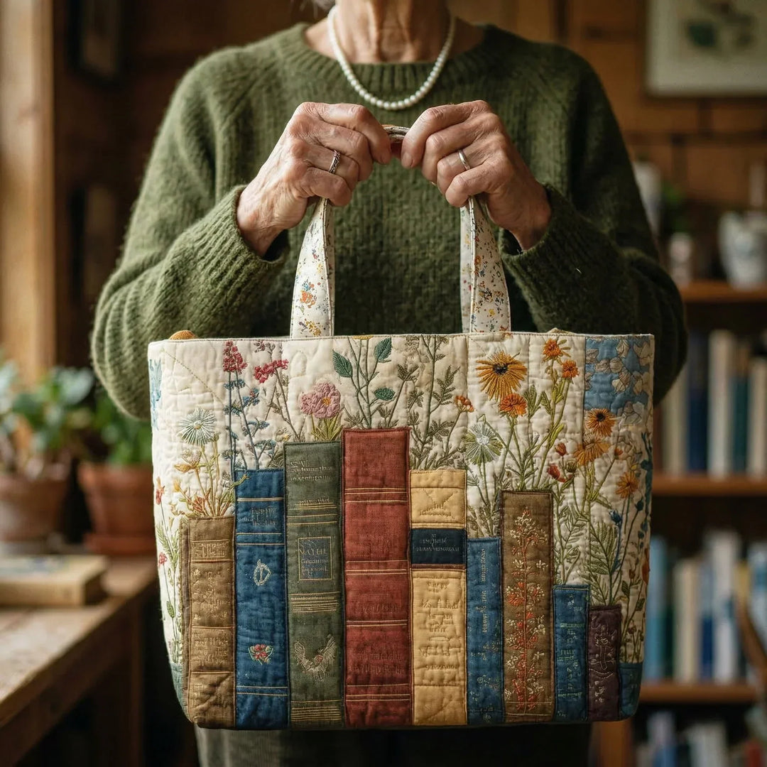 Handcrafted Quilted Tote - Floral & Literary Design