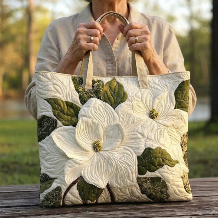 Elegant White Lily Artisan Quilted Tote Bag