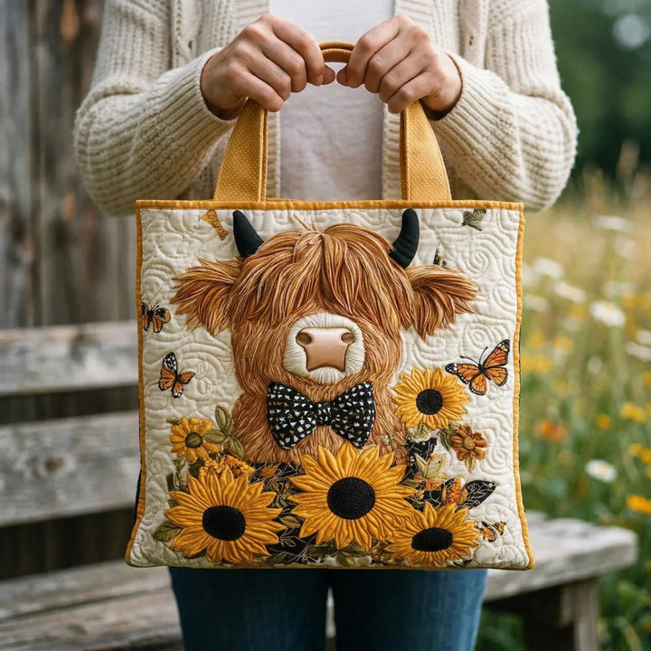 Sunflower-Embellished Quilted Bag featuring Highland Cow Design